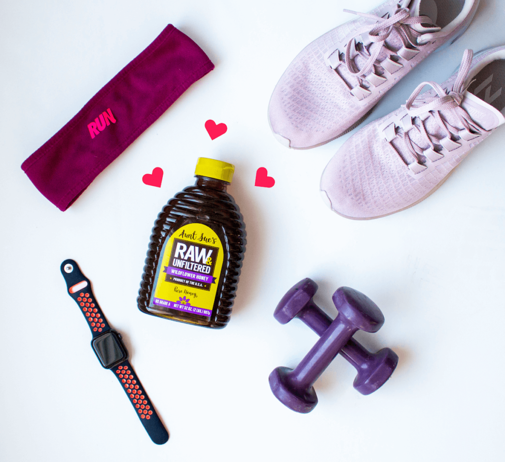Photo of gym gear and Aunt Sue's® Raw & Unfiltered Honey.